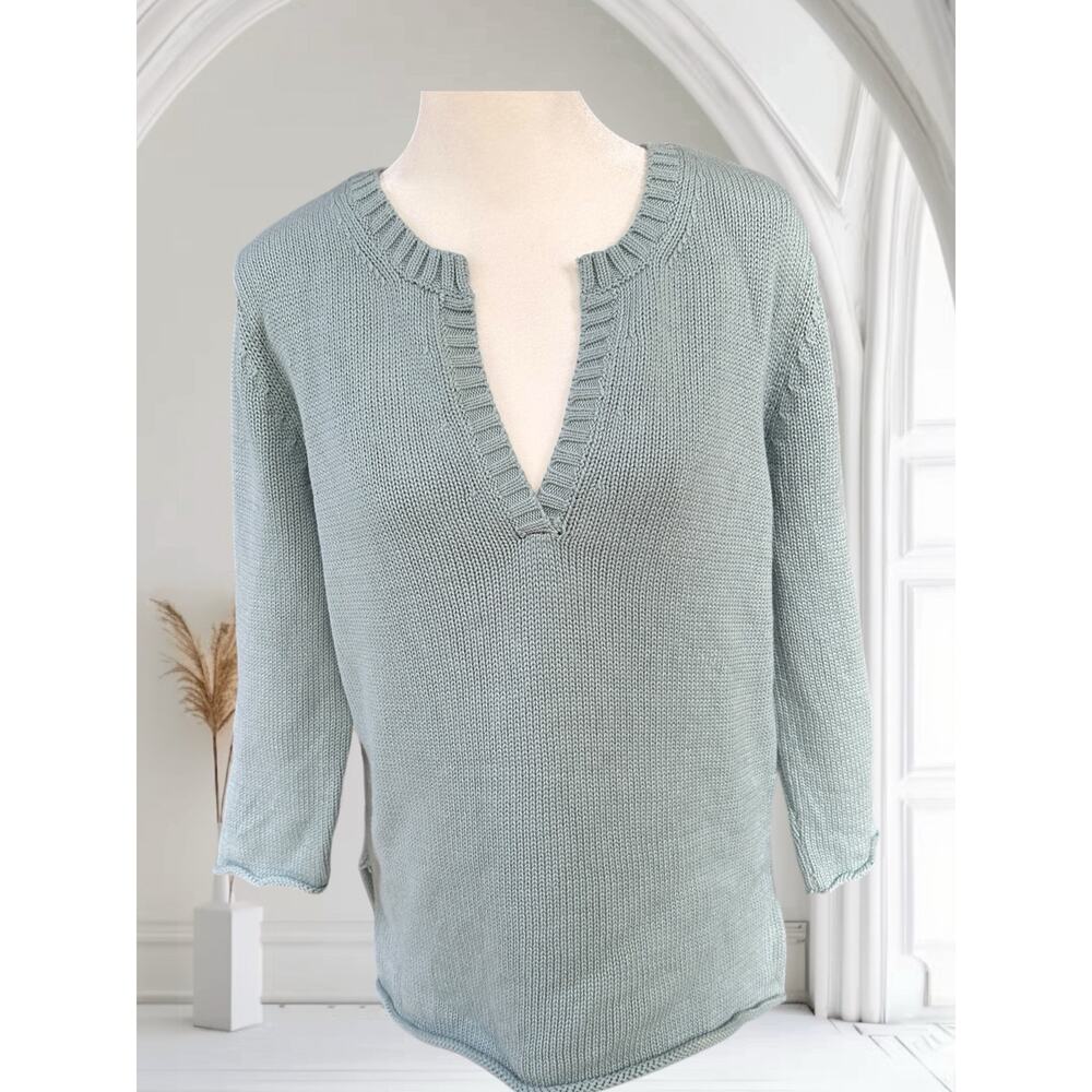 J.Jill Blue V Neck Knit Sweater 3/4 Length Sleeves 100% Cotton Size Med Petite